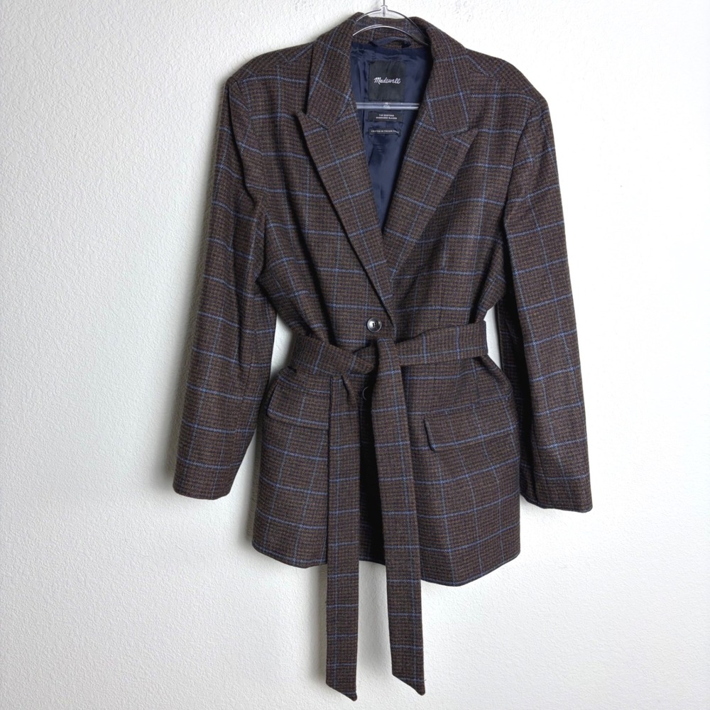 Madewell The Bedford Oversized Blazer Brown Blue Plaid Italian Wool Blend 16